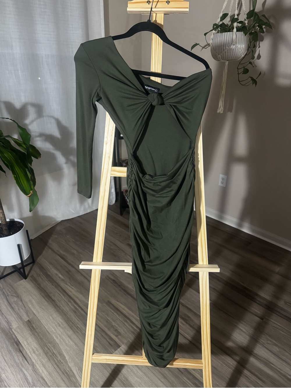 Olive Green Knot-Front Ruched Dress